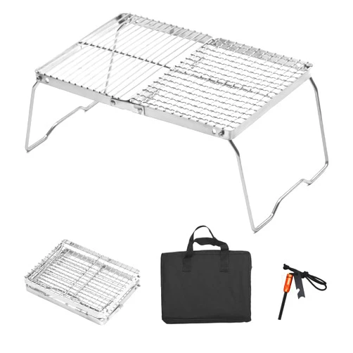 PSKOOK Folding Campfire Grill, Portable Camping Grill Grate, 304 Stainless Steel Camp Fire Cooking Racks for Compact Storage, BBQ Grill for RV Camping, Hunting trip, Bushcraft, Picnics, Fishing