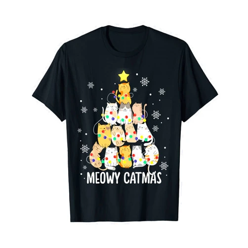Cat Christmas Gifts Co Meowy Catmas Cat Christmas Tree Lights Kitten Xmas Cat Lover T-Shirt
