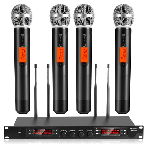 Innopow 4 Channel Wireless Microphones System, Quad UHF Cordless Mic Set,4 * 40 Groups Metal Handheld Dynamic, Auto Scan, Long Range 200-300Ft,16 Hours Use for Church,Singing Bands (WM500)