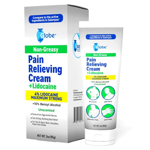 Globe Pain Relieving Cream Plus 4% Lidocaine, Maximum Strength Numbing Relief, Fast Acting Topical Therapy for Muscle Aches, Joint Pain, Backache, Neck Pain, Soreness, Sprains & Spasms, Unscented, 3oz