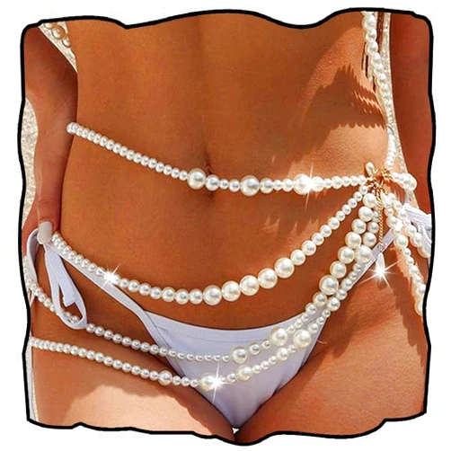 CanB Pearl Waist Chain Layered Belly Body Chains Bikini Belly Chain Beach Rave Party Body Accessories for Women and Girls