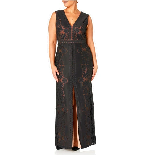 BCBGMAXAZRIA Women's V Neck Sleeveless Long Burnout Lace Column Dress