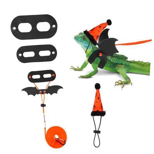 Mogoko Halloween Lizard Leash Bearded Dragon Harness Bat Wing Orange Pumpkin Hat Adjustable (S,M,L) Leather Reptile Lizard Leash for Gecko, Iguanas,Lizard Amphibians and Other Small Pet Animals