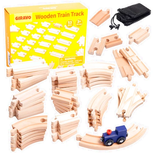 GIRAVO Wooden Train Track Set 53pcs, Wood Train Tracks Accessories Expansion Pack fits Melissa and Doug, fits Brio, fits Thomas, Montessori Toys, Birthday Gift for Boys Girls Toddler Kids (Train Track)