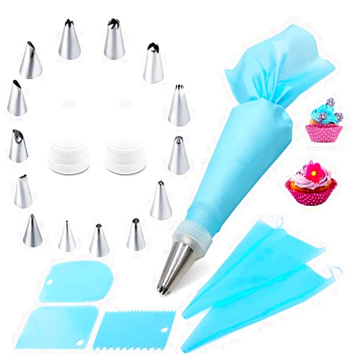 MuYwa Piping Bags and Tips Cake Decorating Kits Supplies with 14 Stainless Steel Baking Supplies Icing Tips,2 Reusable Silicone Pastry Bags,3 Icing Smoother & 2 Couplers for Baking Decorating Cake,21Pcs