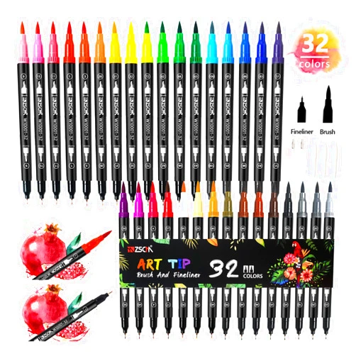 ZSCM QUALITY DECIDES THE FUTURE ZSCM 32 Colors Duo Tip Brush Markers Art Pen Set, Artist Fine and Brush Tip Colored Pens, for Adult Coloring Books Christmas Cards Drawing, Note taking Lettering Calligraphy Journaling