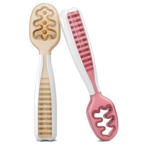 NumNum Baby Spoons Set, Pre-Spoon GOOtensils for Kids Aged 6+ Months - First Stage, Led Weaning (BLW) Teething - Self Feeding, Silicone Toddler Food Utensils - 2 Spoons, Beige/Mauve