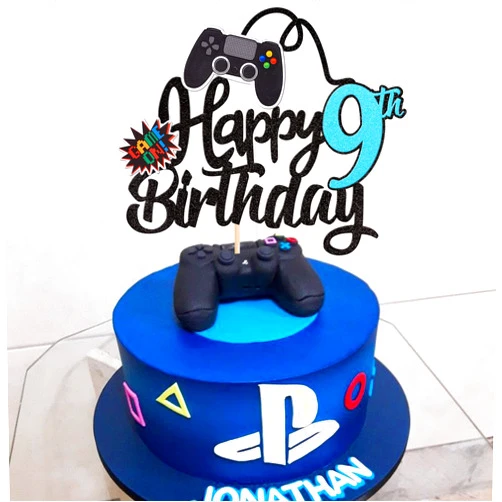ZHUOWEISM 1 PCS Video Game Happy 9th Birthday Cake Topper Glitter Video Game Cake Pick Game On Controllers Nine Cheers to 9 Years Cake Decoration for Happy 9th Birthday Party Supplies Blue