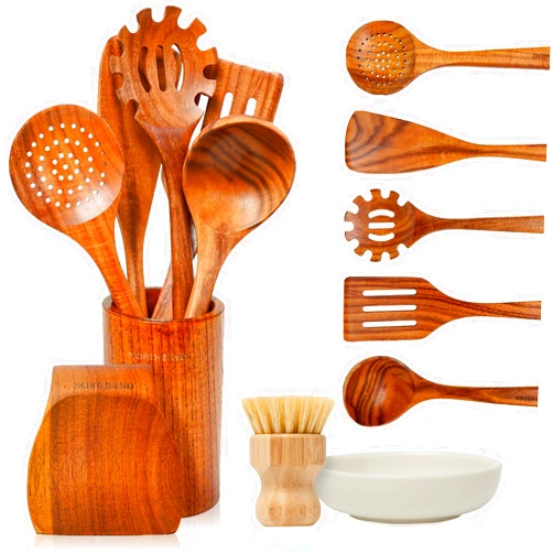 Northbend Wooden Kitchen Utensil Set - Teak Wood Cooking Utensil Sets Include Wooden Utensil Holder, Wooden Spatula, Spaghetti Spoon, Cleaning Brush & More - Durable Heat Resistant Wood Utensils Set for Cooking