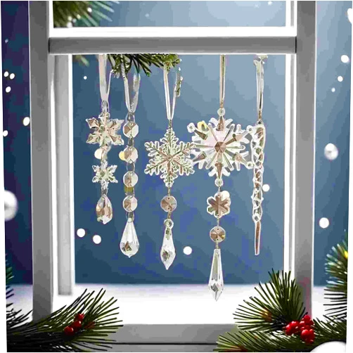 TNBUENO Christmas Ornaments Snowflakes Decors, 10 Pcs Christmas Acrylic Snowflake Icicles Drop Crystal Hanging Pendant Ornaments for Xmas Tree Holiday Party Decorations New Year Party Winter Decor