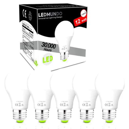 LEDMUNDO 12V-24V AC/DC 12W LED Light Bulbs, Warm White 3000K, Low Voltage Light Bulbs for Off Grid Solar Lighting Marine Boat, A19 RV Light Bulbs, Interior Lighting for Camper, 1050LM E26 Base, 5 Pack