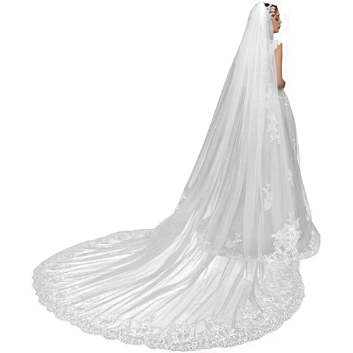 QUIRAI Black Wedding Veil Comb Bridal Cathedral Veil 2 Tier Lace Veil Long Wedding Veil Hair Comb for Brides,118 In