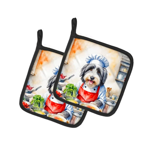 Caroline's Treasures Bearded Collie The Chef Pair of Pot Holders Kitchen Heat Resistant Pot Holders Sets Oven Hot Pads for Cooking Baking BBQ, 7 1/2 x 7 1/2