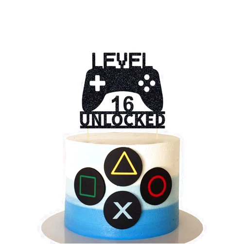 MTBSelf Level 16 Unlocked Cake Topper, Video Game Cake Topper, Game Controller Cake Topper for 16th Birthday Party Decoration