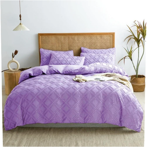 JELLYMONI Duvet Cover King Size - 3 Pieces Microfiber Tufted Lavender Purple Duvet Cover Set, Boho Soft Grid Textured Comforter Cover with 8 Corner Ties & Zipper Closure