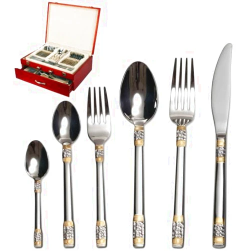 DIZORA 75-Piece Gold Flatware Set Dining Service for 12 - Premium 18/10 Stainless Steel - 24K Gold Plated Trim - Silverware Serving Set Lightweight - Wood Flatware Box - Dishwasher Safe (Vience)