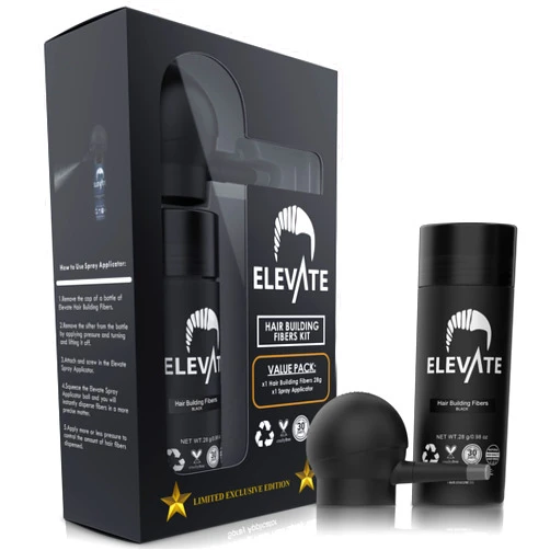 ELEVATE Hair Perfecting 2-in-1 Kit | Set Includes Natural Hair Thickening Fibers & Spray Applicator Pump Nozzle | Instantly Conceal Thicken Thinning Balding Hair Areas in Seconds - Men & Women (Black)