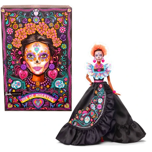 Barbie Signature Doll, 2024 Día De Muertos Collectible in Black Dress with Blue Ruffle Top, Embroidered Print, and Colorful Accessories