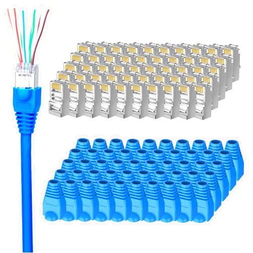 Brileine 50-Pack Cat 6 Shielded Pass Through RJ45 Connectors + 50Pack RJ45 Boots, 8P8C Modular Ethernet STP Network Cable Plug End for Cat6 Cat5e