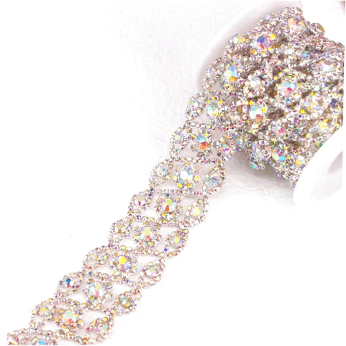 Moripama 1 Yard Luxury Crystal Rhinestone Trimming Sew on Applique Chain for Wedding Party Decoration (Silver AB)