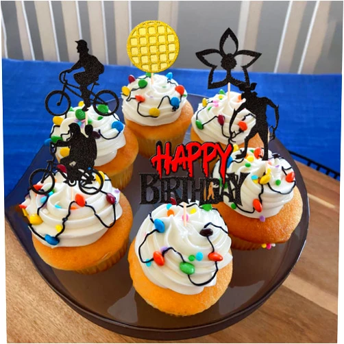 ZHUOWEISM 24 PCS Stranger Happy Birthday Cupcake Toppers Glitter Stranger Inspired TV Program Theme Cupcake Picks for Stranger Theme Baby Shower Kids Birthday Party Cake Decorations Supplies