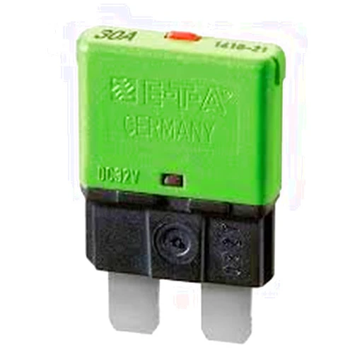 E-T-A Circuit Protection and Control Circuit Protection and Control 1610-21-30A, Circuit Breaker; Therm; Push; Cur-Rtg 30A; Socket; 1 Pole; Vol-Rtg 28VDC; Blade Snap