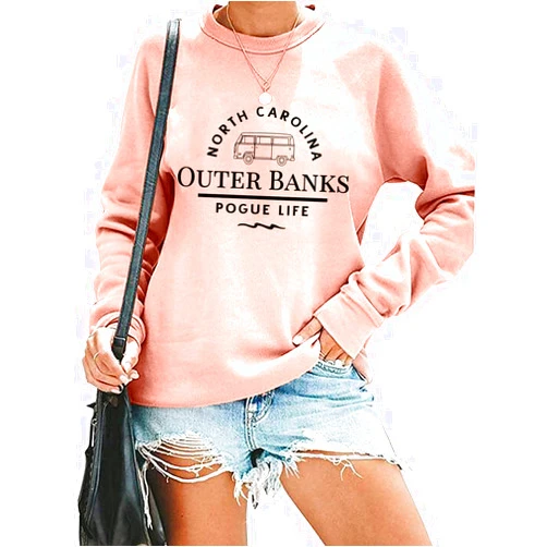 TOWNOWN Women Pogue Life Outer Banks Sweatshirt Surf Van T-Shirt Funny Letter Print Long Sleeve Pullover Top Shirt