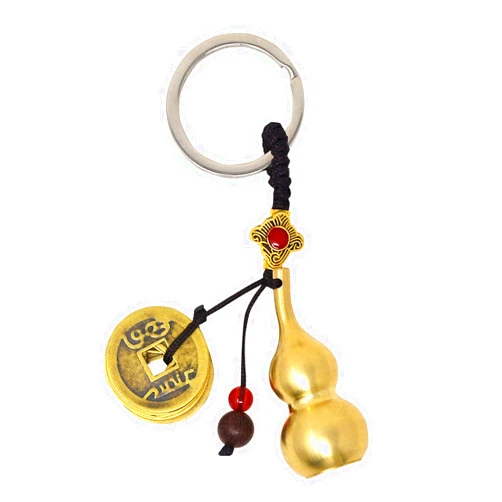 Fengshuibringluck Feng Shui Five Emperors Money Copper Gourd Keychain Coins and Wulou Gourd Gourd Amulet Keychain