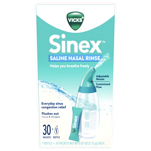 Vicks Sinex Saline Nasal Rinse Starter Kit, Drug Free Saline, Flush Out Mucus and Allergens, Fast & Effective Relief for Everyday Congestion from Sinus & Allergy, 1 Bottle + 30 Refill Packets
