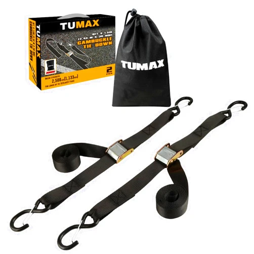TUMAX Tie Down Strap Cambuckle Strap - 2500lbs Break Strength, 1.5 in x 8ft Cargo Straps with Safety S-Hooks, Heavy Duty Cam Buckle Strap for Moving Lawn Equipment, Cargo Appliances, Motorcycle, 2PK