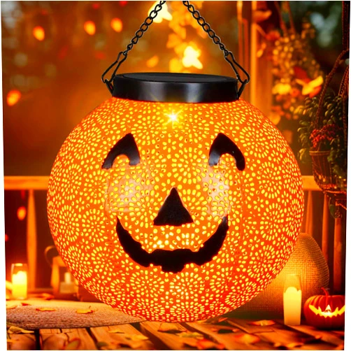 J-HVA Halloween Solar Lantern Hanging Pumpkin Lights Outdoor Decoration - Solar Powered Lantern Lights Waterproof LED Decorative Lights for Porch Backyard Garden Tree Indoor Orange Halloween Lights Decor