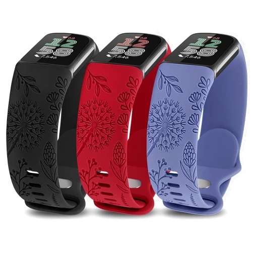 Minyee 3 Packs Floral Engraved Band Compatible with Fitbit Charge 6 Bands/Fitbit Charge 5 Bands Women, Cute Soft Silicone Dandelion Flower Pattern Sport Designer Fancy Summer Strap for Charge 6/5