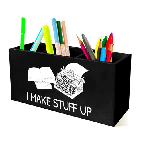 YTRGI Funny Writer Pen Pencil Holder Organizer for Desk, Gifts for Writers and Authors, I Make Stuff Up Wooden Box Block Sign for Home Office Tabletop Decor