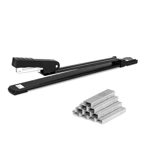 Deli Long Reach Stapler with 1000 Staples, 20 Sheet Capacity, Long Arm Standard Staplers for Booklet or Book Binding, Black