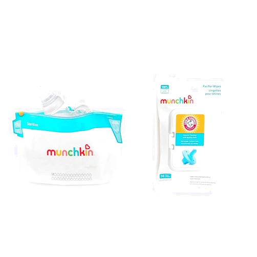 Munchkin® Sterilize™ Microwave Bottle Steam Sterilizer Bags, 30 Uses per Bag, 6 Pack & Arm & Hammer Pacifier Wipes - Safely Cleans Baby and Toddler Essentials, 1 Pack, 36 Wipes