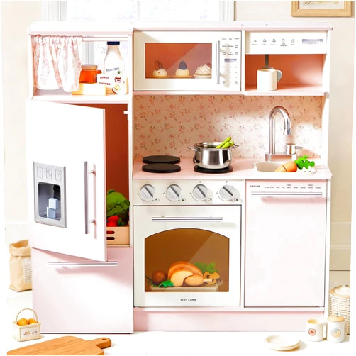 Tiny Land Play Kitchen for Kids, Upgraded Wooden Kitchen Toy with Complete Play Areas, Pretend Cooking Set with Sink, Stove, Microwave, Toy Coffee Station & Storage for Kids Ages 3+