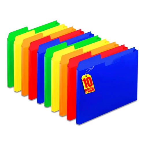 1InTheOffice Plastic File Folders Letter Size 1/3 Cut Tab, Poly File Pockets, Assorted Colors (10 Pack)