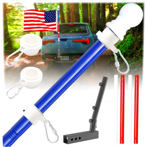DIOVPLX Truck Flag Pole Kit with Trailer Hitch Flagpole Holder, Tangle Free Flag Pole, Heavy Duty Stainless Steel Flagpole for Car, Pickup, Jeep, Vehicle, House, Porch, Yard, Parade, Tricolor 5FT
