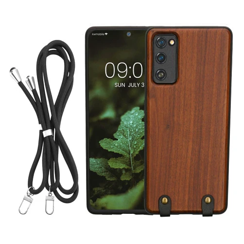 kwmobile Wooden Crossbody Case Compatible with Samsung Galaxy S20 FE Case - Wood Phone Cover with Lanyard Strap - Dark Brown