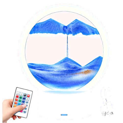 YUNR Night Light Falling Moving Sand Art Sandscape Round Glass Kinetic Sand with Led Light, 3D Sand Art Liquid Motion Relaxing Mood, Children's Large Desktop Art Toys, Home & Office Desktop Decorations
