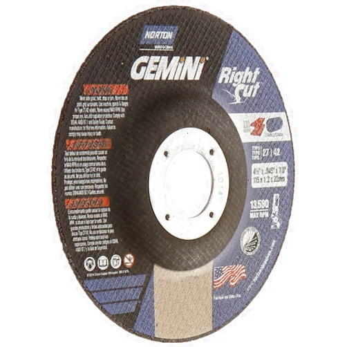 Norton Gemini Right Cut Right Angle Grinder Reinforced Abrasive Flat Cut-off Wheel, Type 27, Aluminum Oxide, 7/8