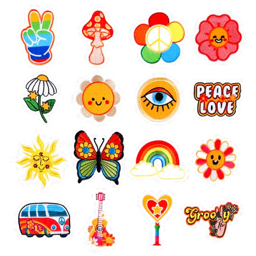 SAVITA 16pcs Hippie Retro Iron on Patches, Colored Embroidery Iron On Knee Patches Cute Applique Sew on Vintage Patches for Backpacks Boho DIY Craft Accessories Jean Clothes