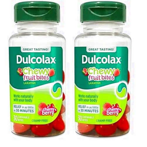 Dulcolax Chewy Fruit Bites, Saline Laxative, Cherry Berry (30ct) Cramp-Free Constipation Relief (Pack of 2)