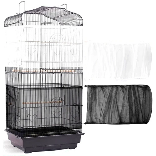 Shappy 2 Pieces Adjustable Bird Cage Cover Birdcage Nylon Mesh Netting Birdcage Cover Seed Catcher Soft Skirt Guard for Parrot Parakeet Macaw Round Square Cage (White, Black, 78 x 14.6 Inch)