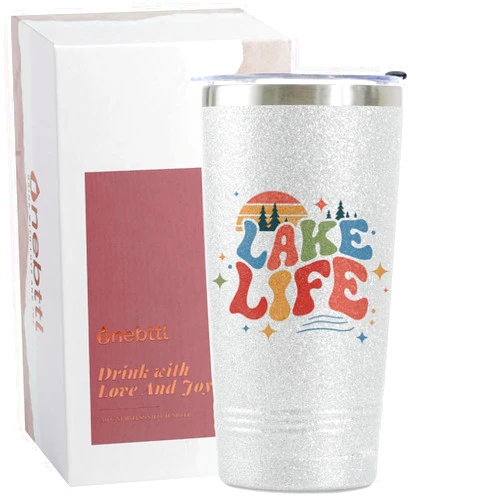 Onebttl Lake House Gifts, Lake Life Gifts for Women/Men, 20oz Insulated Tumbler, Perfect for Boat Owner/Lake Lovers - Lake Life (Giltter Silver)