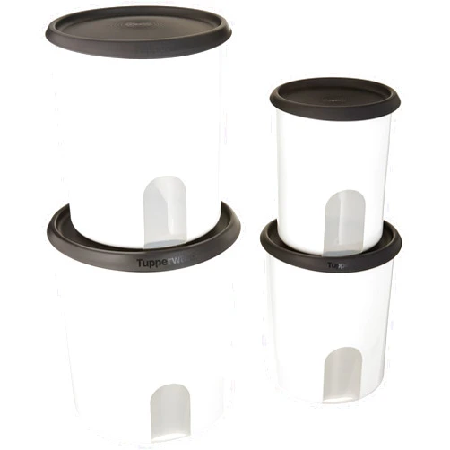 TUPPERWARE ONE TOUCH REMINDER 4-PC. CANISTER SET/BLACK WITH NEW DESIGNED SEALS