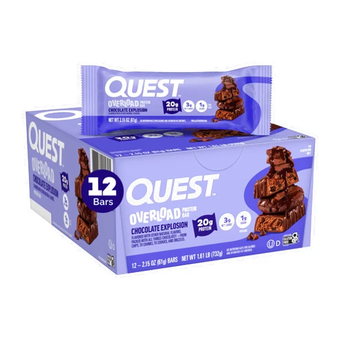 Quest Nutrition Overload Protein Bars, Chocolate Explosion, 20g Protein, 1g Sugar, 3g Net Carbs, Gluten Free, 12 Count