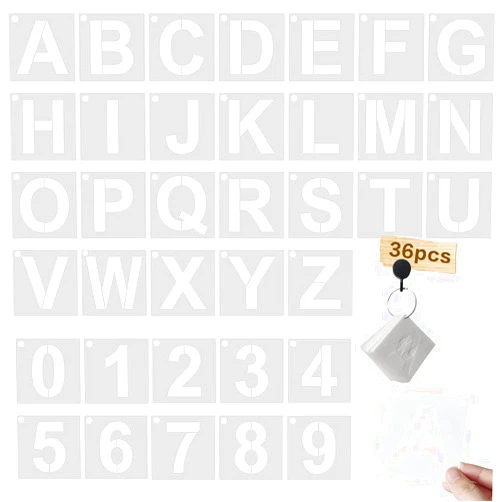 HZMM 1 Inch Letter Stencils Kit, Alphabet Art Craft Stencils, Reusable Plastic Letters and Numbers Stencil Set for Wood, Wall, Fabric, Rock, Chalkboard, Signage and DIY Art Projects (White, 36 Pcs)