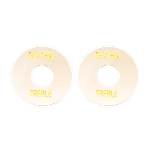 Musiclily Pro Self Adhesive LP Guitar Toggle Switch Plate Washer Pickup Switch Rhythm Treble Ring for USA Les Paul Style Electric Guitar, Cream with Gold Words (Set of 2)