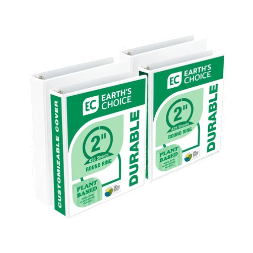 Samsill Earth’s Choice Biobased Durable 3 Ring View Binder, 2 Inch Round Ring, Up to 25% Plant Based Plastic, USDA Certified Biobased, Eco-Friendly, Customizable Cover, White, 4 Pack
